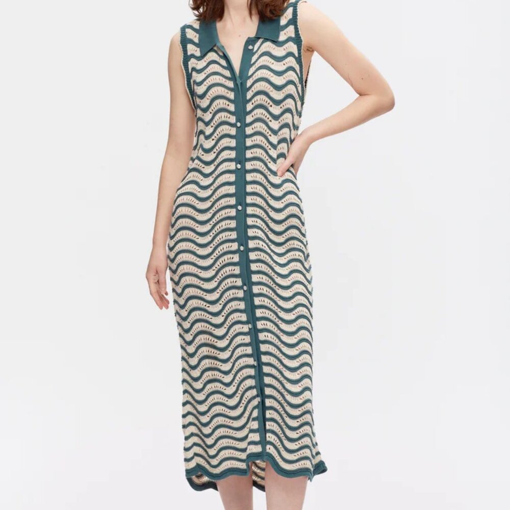 NWT Kotn Sabah Open Knit Striped Button Down Cotton Collared Dress - Picture 1 of 7